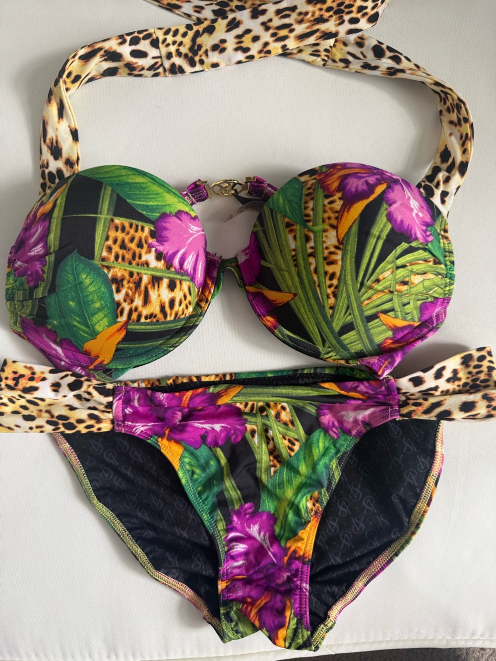 Victoria’s Secret Bikini Set 32B Small Tropical Floral Leopard Halter Swimsuit